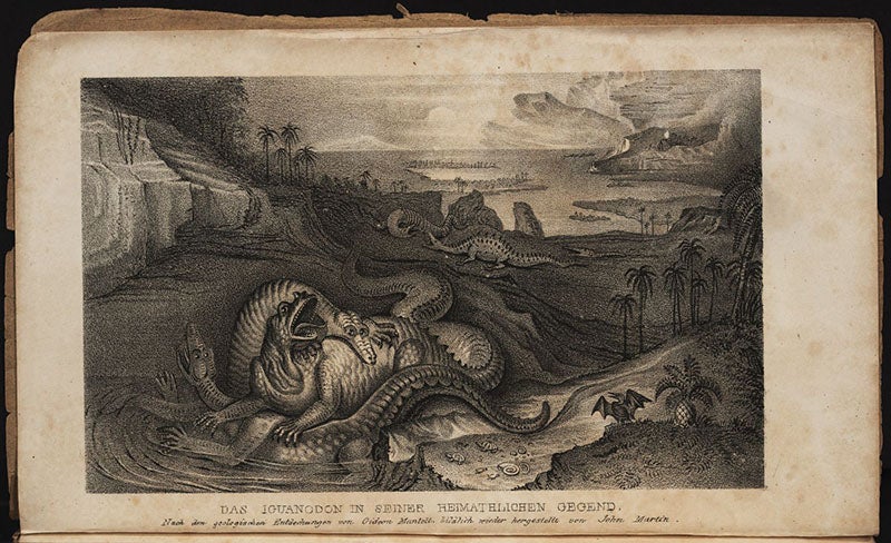 “The Country of the Iguanodon,” lithographed frontispiece after a mezzotint by John Martin, Die Phänomene der Geologie, by Gideon Mantell, vol. 1, 1838 (Linda Hall Library)