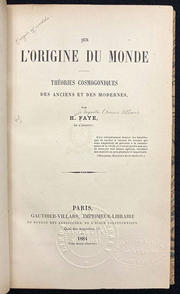 Title page, Sur l'orígine du monde : Théories cosmogoniques des anciens et des modernes, by Hervé Faye, 1884 (Linda Hall Library)