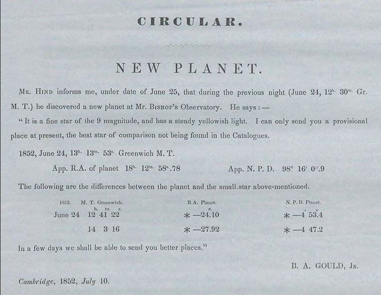Circular announcing the discovery of a new planet [18 Melpomene] by John Russell Hind, “at Mr. Bishop’s Observatory,” on June 24, 1852 (The Linda Hall)