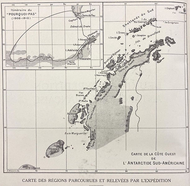 Map of the voyage of the Pourquoi-Pas? on the second French expedition to Antarctica, 1908-10; the southern tip of South America is at the top; frontispiece to vol. 20 of Deuxième expédition antarctique franc̜aise (1908-1910), by Jean-Baptiste Charcot, 1911-17 (Linda Hall Library)