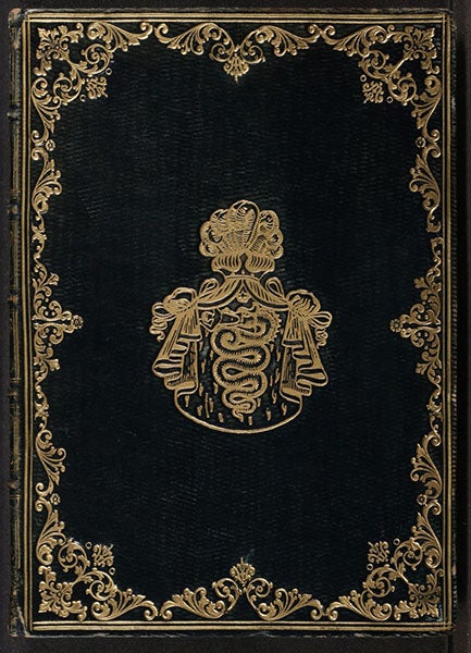 Binding, Discorso delle comete, by Mario Guiducci (i.e., Galileo Galilei), 1619, with armorial device of a later owner, Uberto Visconti di Modrone (Linda Hall Library)