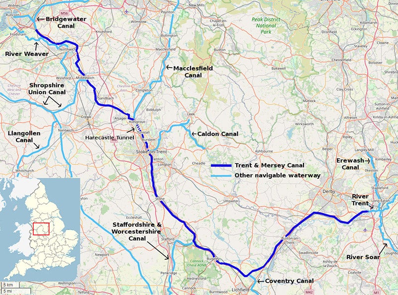 Modern map of the Trent & Mersey Canal, from the river Trent at right, though the potteries at Stoke-on-Trent, to Runcorn (and the Bridgewater Canal) at upper left (Wikimeda commons)