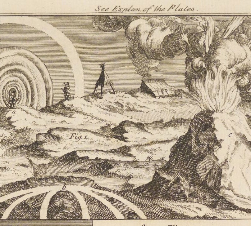 The multiple rainbows or irises seen around the shadows of persons in high altitude deserts, with an erupting Cotopaxi added in, detail of an engraving in A Voyage to South America, by Jorge Juan and Antonio de Ulloa, 2nd Engl. ed., vol. 1, plate 5, p. 446, 1760 (Linda Hall Library)