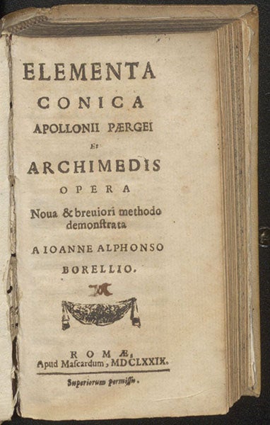 Title page, Elementa conica Apollonii P ærgei, ed. by Giovanni Alfonso Borelli, 1679 (Linda Hall Library)