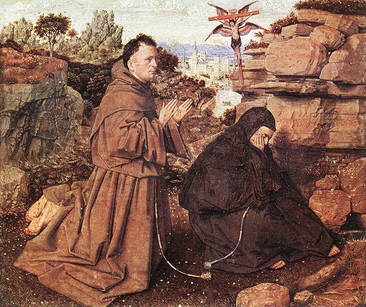 Saint Francis of Assisi Receiving the Stigmata, oil on wood panel, by Jan van Eyck, ca 1430, Philadelphia Museum of Art (wga.hu)
