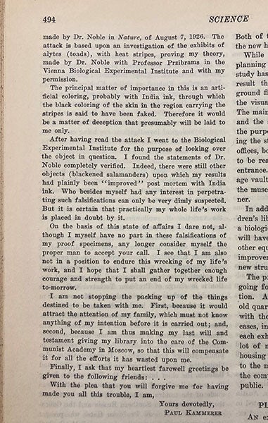 Conclusion of Paul Kammerer’s letter to the Moscow Academy of Sciences, Sep. 22, 1926, announcing his intended suicide, as printed in Science, vol. 64, p. 494, 1926 (Linda Hall Library)