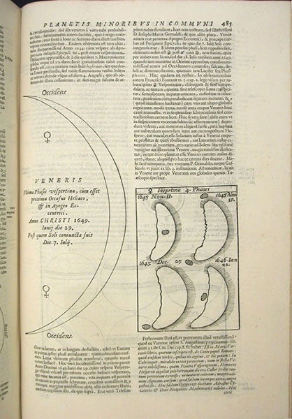 The faces of Venus, according to Francesco Fonana  (right), and a recent observation, perhaps by Riccioli (left), Almagstum novum, by Giovanni Battista Riccioli, vol. 1, p. 485, 1651 (Linda Hall Library)