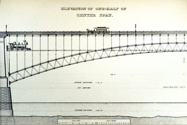 Detail of the arches and roadway. Image source: Woodward, Calvin Milton. A History of the St. Louis Bridge. St. Louis, G. I. Jones and Company, 1881, pl. 19.