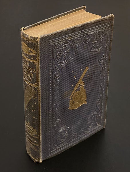 Cover and spine of Ormsby MacKnight Mitchel, Planetary and Stellar Worlds, 1861, with a gold-blocked stamp of the Cincinnati refractor (Linda Hall Library)