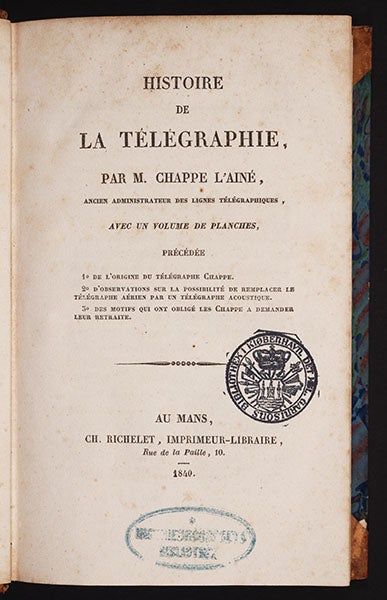 Title page, Ignace Chappe, Histoire de la Télégraphie (1840)