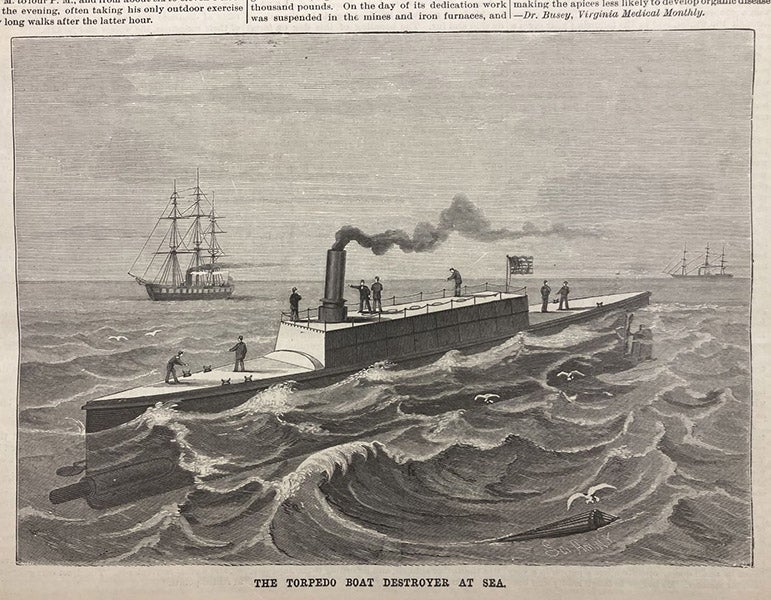 Torpedo boat Destroyer, designed and built by John Ericsson, steel-engraving, Scientific American, vol. 60(12), p. 183, Mar. 23, 1889 (The Linda Hall)