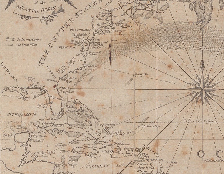 Detail of map of the Atlantic Ocean, frontispiece, Nathaniel Bowditch, <i>The New American Practical Navigator</i>, 1802 (Linda Hall Library)