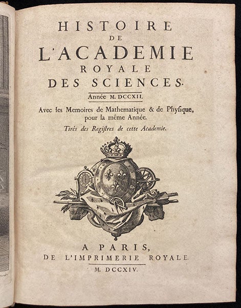 Title page of the volume of Histoire de l’Académie Royale des Sciences, avec les Memoires … année 1712, publ. 1714, that contains Réaumur’s paper on crayfish regeneration (Linda Hall Library) 