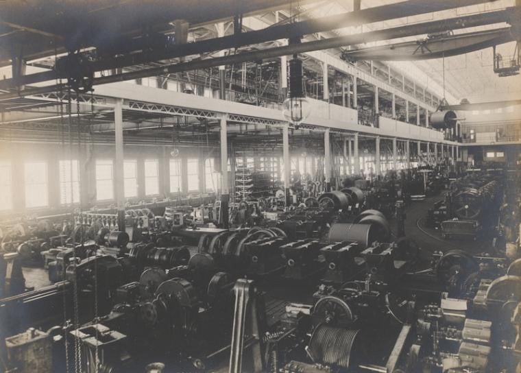 Interior of the Mho Rotor Factory, photograph, ca 1885, Engineering News, Mar. 27, 1887 (Linda Hall Library)
