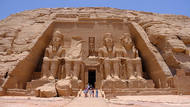 The Temple of Ramesses II at Abu Simbel, Upper Egypt, rediscovered by Johann Ludwig Burckhardt, Mar. 22, 1813; since relocated to higher ground, modern photograph Wikimedia commons)