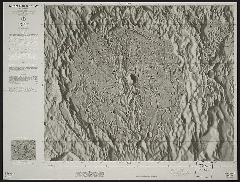 RLC 14 is the second of the Alphonsus sequence; it is filled by the crater, and corresponds more or less to the exhibited photograph from Ranger IX (see item 40). The impact point is indicated on the upper right floor of the crater; the small box indicates the area covered by the next chart, RLC 15. Other lines indicate the trajectory of Ranger IX and the tracks of the six camera axes.