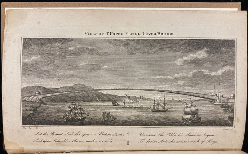Proposed “Flying Lever” Bridge across the Hudson River, designed by Thomas Pope, engraved frontispiece to his  A Treatise on Bridge Architecture, 1811, copy 2, donated by Eric DeLony to the Linda Hall Library, 2012 (Linda Hall Library)