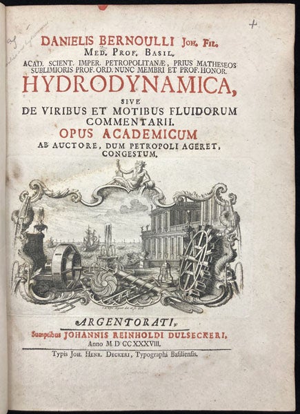 Title page with engraved vignette, Hydrodynamica: sive de viribus et motibus fluidorum commentarii, by Daniel Benoulli, 1738 (Linda Hall Library)