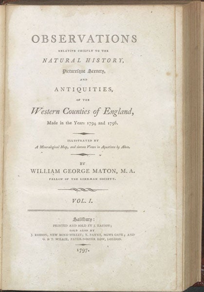 Title page, Observations Relative Chiefly to the Natural History, Picturesque Scenery, and Antiquities of the Western Countries of England, by William George Maton, vol. 1, 1797 (Linda Hall Library)