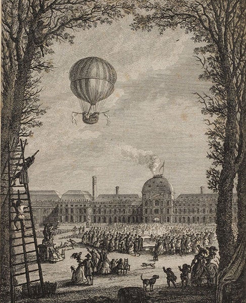 Ascent of the first hydrogen balloon on Dec. 1, 1783, with Jacques Charles and the younger Robert brother in the basket, detail of engraving in Description des expériences de la machine aérostatique de MM. de Montgolfier, by Barthélemy Faujas-de-Saint-Fond, vol. 2, plate 3, p. 31, 1783-84 (Linda Hall Library)