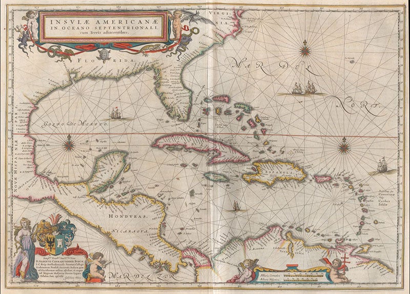 Map of the Caribbean, hand-colored engraving, Atlas maior, by Joan Blaeu, vol. 11, foll. p. 89, 1662 (Linda Hall Library)