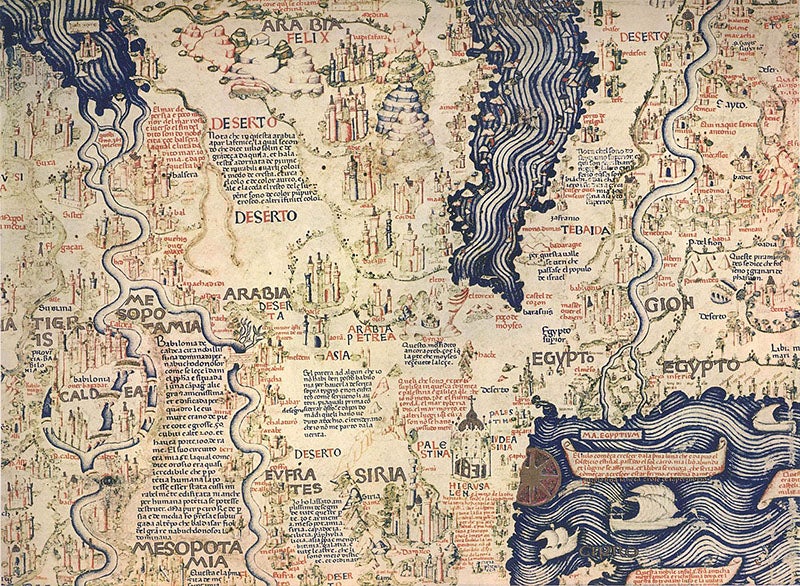 Sector XXII of the Fra Mauro map, showing Mesopotamia and the Middle East, south at the top, manuscript on vellum and wood, ca 1460, property of the Biblioteca Nazionale Marciana, Venice; on display in Museo Correr, Piazza San Marco, Venice (Wikimedia commons)
