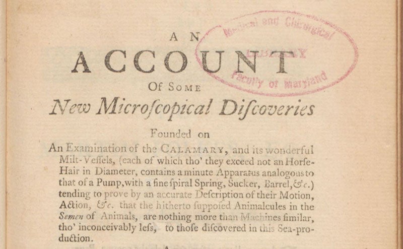 First part of title, An Account of Some New Microscopical Discoveries, by John Turberville Needham, 1745 (Linda Hall Library)