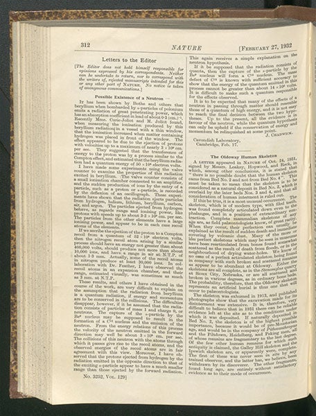“Possible existence of a neutron,” a paper by James Chadwick, Nature, vol. 129, 1932 (Linda Hall Library)
