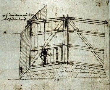 Design for a Lock at San Marco. Image source: Leonardo, da Vinci, et al. Il Codice atlantico di Leonardo da Vinci nella Biblioteca ambrosiana di Milano. Plates v. 2, Milano: U. Hoepli, 1894, f. 240 R., DCCC.