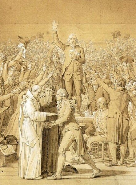 Portrait of Jean-Sylvain Bailly, center, with arm upraised,  detail of drawing for the “Oath of the Tennis Court,” by Jacques-Louis David <i>(second image</i>)