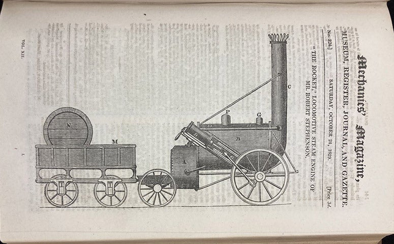 Rocket, locomotive built by Robert Stephenson for the Rainhill Trials, woodcut in Mechanics' Magazine, Register, Journal, and Gazette, vol. 12, p. 145, Oct. 24, 1829. (Linda Hall Library)