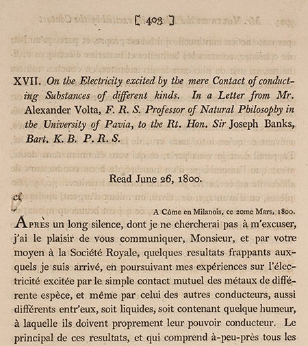 First page of Volta’s letter to Joseph Banks, Philosophical Transactions of the Royal Society of London, vol. 90, 1800 (Linda Hall Library)