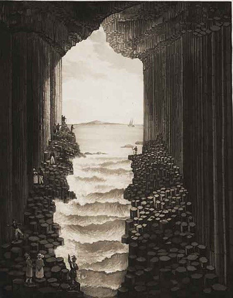 Inside Fingal’s cave, looking out, aquatint, Charles-Louis-Fleury Panckoucke, L'Ile de Staffa et sa grotte basaltique, 1831 (Linda Hall Library)