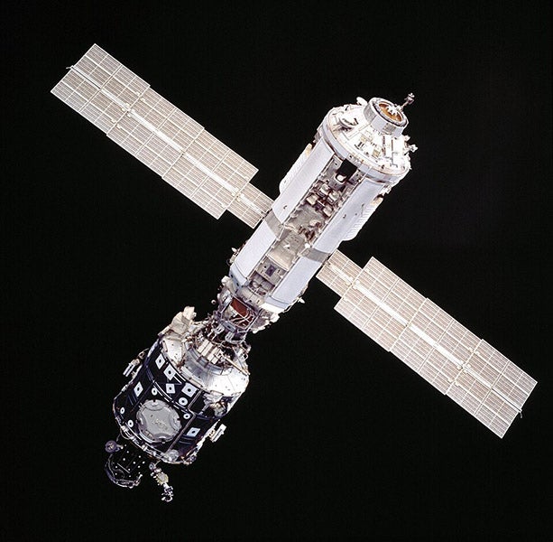 The entire ISS as of December 1998, consisting of just two modules, the Russian Zarya (top, with solar panels), and Unity, below, NASA photo (Wikimedia commons)