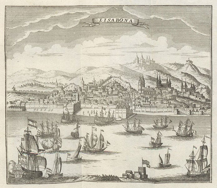 “Lisabona,” view of Lisbon before the earthquake, engraving in Gesammlete Nachrichten von dem Erdbeben der Stadt Lissabon, by J.H. Rühlen, and 5 other tracts, Tract 6, 1756 (Linda Hall Library)