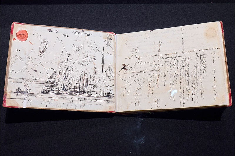 A notebook of Percy Bysshe Shelley, opened to a drawing (left) and a manuscript draft of “Ozymandias” (right), 1817 (visit.bodleian.ox.ac.uk/cut)