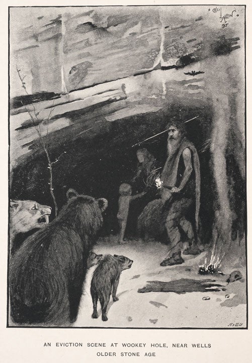 Encounter between early humans and bears. Image source: Hutchinson, Henry Neville. Prehistoric Man and Beast. London: Smith, Elder, 1896, frontispiece.

