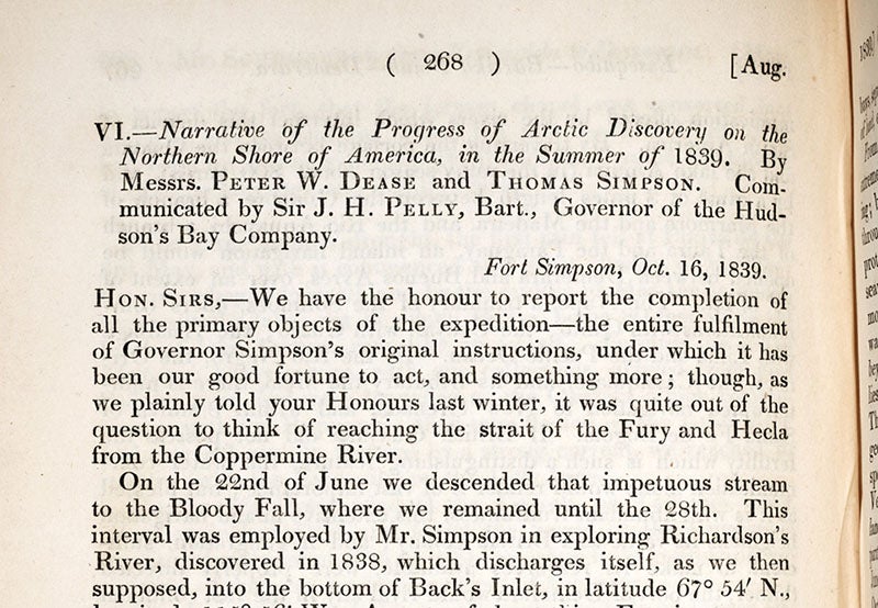 First paragraph, “Narrative of the progress of Arctic discovery, on the northern shore of America, in the summer of 1839. By Messrs. P.W. Dease and T. Simson,” Journal of the Royal Geographical Society of London, vol. 10, p. 268, 1841 (Linda Hall Library)