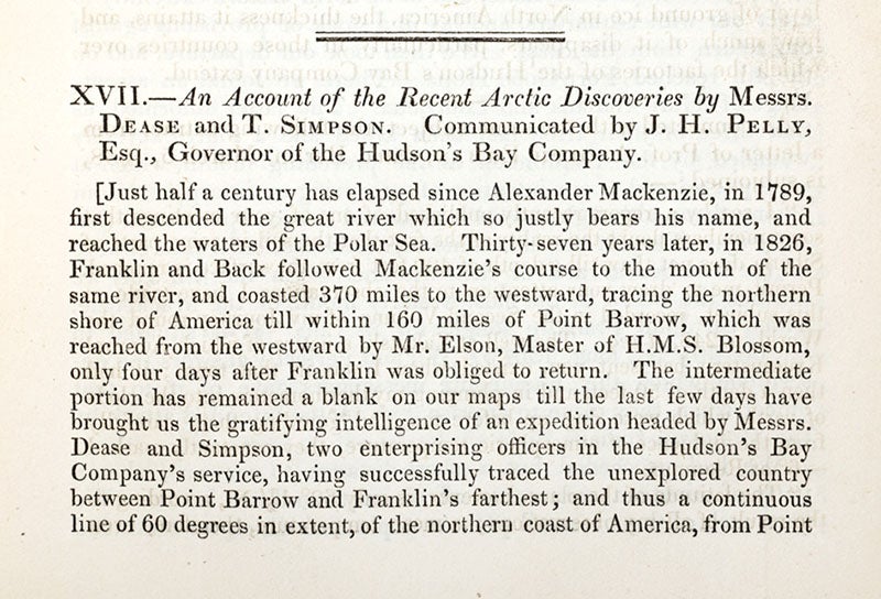 First paragraph, “An account of the recent Arctic discoveries by Messrs. Dease and T. Simpson,” Journal of the Royal Geographical Society of London, vol. 8, p. 213, 1838 (Linda Hall Library)