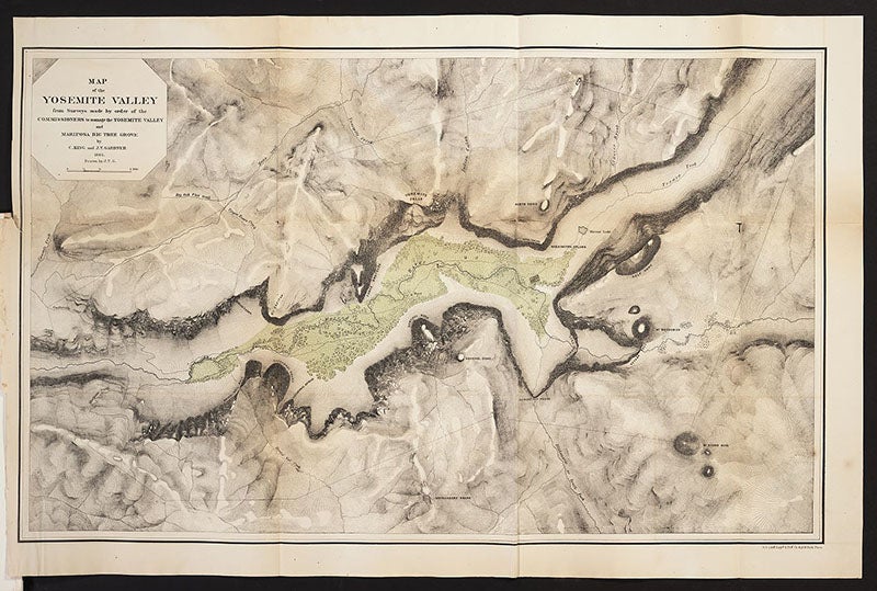Map of Yosemite Valley and its surroundings, folded engraving, The Yosemite-Book, by Josiah D. Whitney, 1868 [1869] (Linda Hall Library)