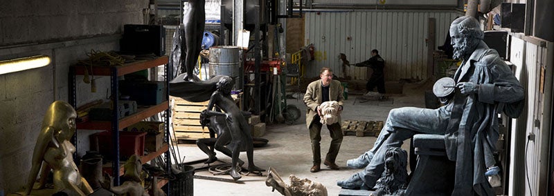 Interior of the Black Isle Bronze foundry, with the finished statue of Maxwell on the right, 2008 (Black Isle Bronze)