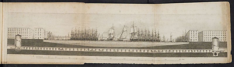 Section of entire tunnel, with ships in place on the Thames; the Rotherhithe entrance ramp is on the right, that at Wapping is on the left, Sketches of the Works for the Tunnel under the Thames, from Rotherhithe to Wapping, 1828 (Linda Hall Library)