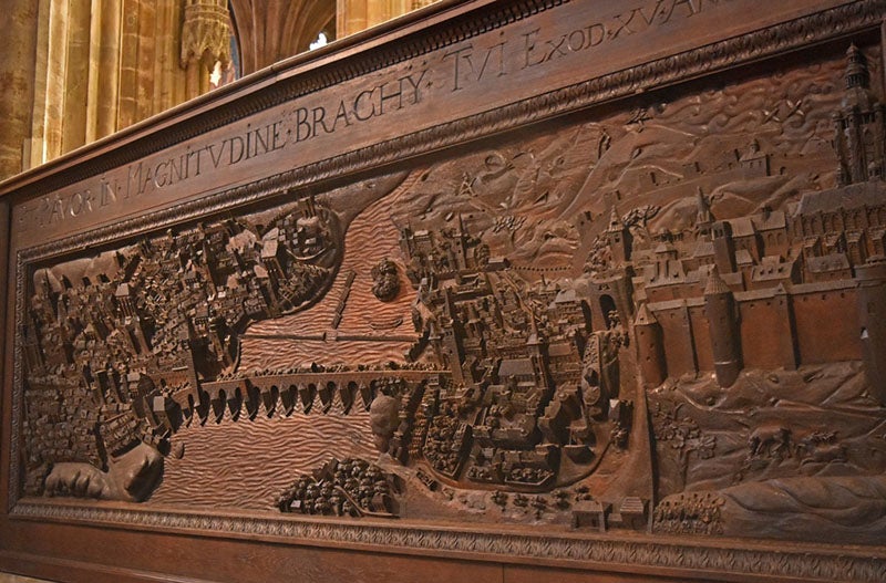 The Charles Bridge in a woodcarving by Gaspar Bechteler, 17th century, in St. Vitus Cathedral, Prague, photograph (bobandnellasworld.com)