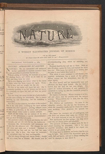 First page of first issue of Nature, Nov. 4, 1869, founded and edited by Norman Lockyer (Linda Hall Library)