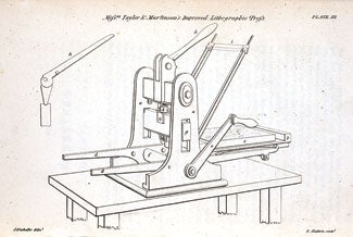 An "improved" lithographic press. Image source: Partington, Charles Frederick. The Engravers’ Complete Guide. Printed for Sherwood, Gilbert, and Piper, 1825, pl. 3.