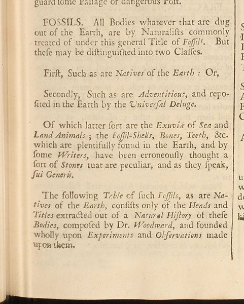 Passage discussing fossils, the Flood, and John Woodward’s theory of the earth, Lexicon Technicum, by John Harris, vol. 1, 1704 (Linda Hall Library)