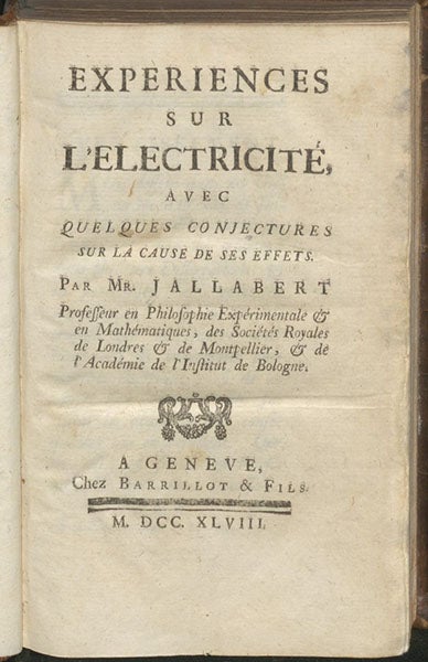 Title page, Jean Jallabert, Experiences sur l’electricité, 1748 (Linda Hall Library)