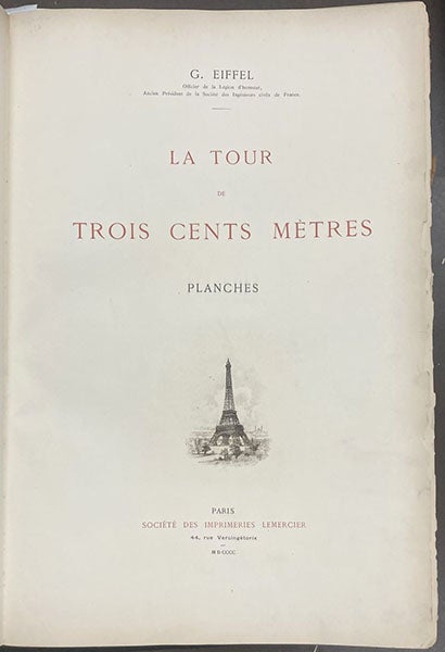Title page, La tour de trois cents mètres, by Gustave Eiffel, 1900 (Linda Hall Library)