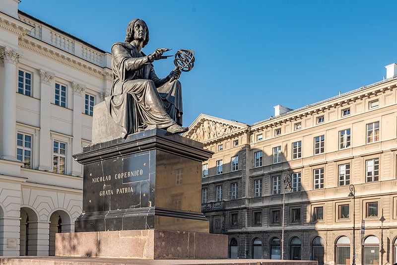 Statue of Nicolaus Copernicus, bronze, by Bertel Thorvaldsen, 1822-1830, outside Polish Academy of Sciences, Warsaw (Wikimedia commons)