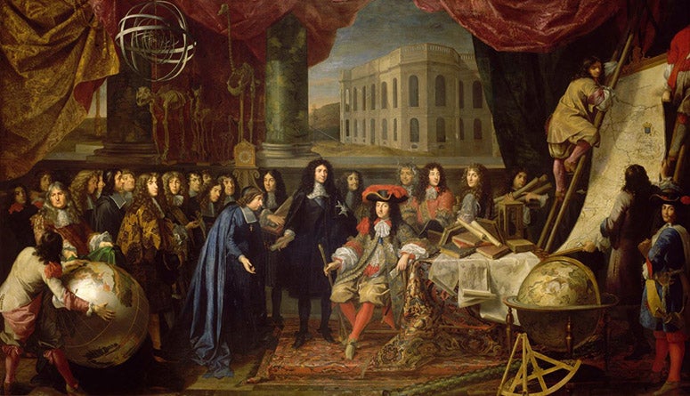 Colbert Presenting the Academie of Sciences to Louis XIV in 1667, oil on canvas, by Henry Testelin, 1675?, Versailles (Wikimedia commons)